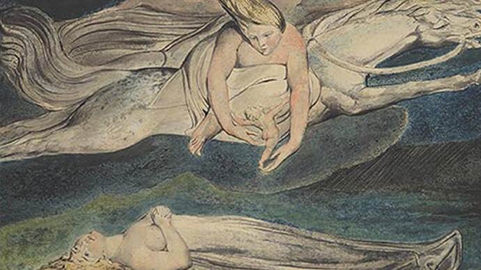 William Blake, Pietà,1895. L’artista inventa una forma di monotipo con colori a base di acqua. Spesso trae fino a tre impressioni, uguali in tutto tranne che per intensità di colore, che rielabora a penna, inchiostro e tempera fino a farle diventare uniche.