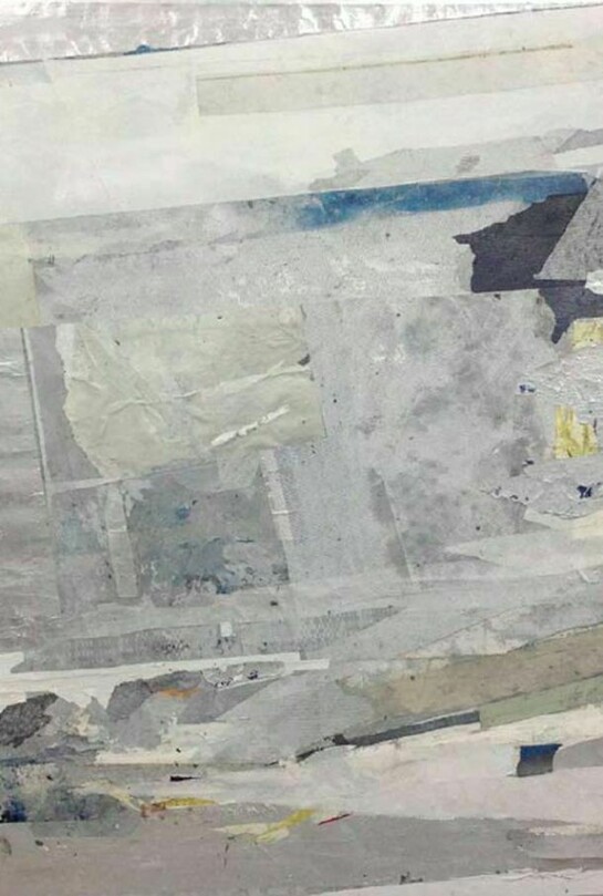 Redactor VI, 2013, enamel, acrylic, crystalina, glass powder, pigment, cold wax, glass film, tape, and vinyl on canvas, 60 x 48 inches