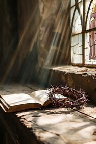 A crown of thorns and empty church pews illuminated by light streaming through a window