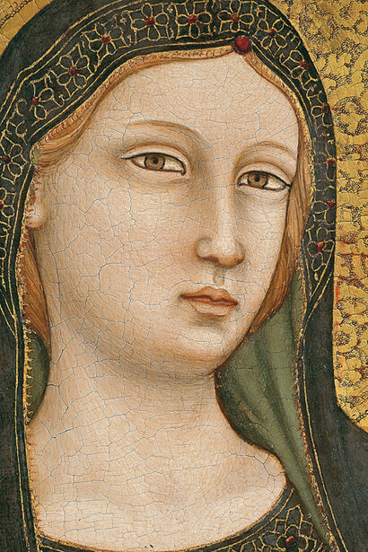Maestro di Figline, (attivo in Umbria e in Toscana, 1315-1335 circa), Madonna col Bambino in trono fra sei angeli, sant’Elisabetta d’Ungheria e san Ludovico di Tolosa, 1320 circa, Tavola, Figline Valdarno, Collegiata di Santa Maria Assunta
