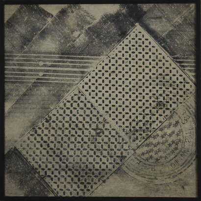 Sari Dienes, Tred Squares, c. 1953–1955, Ink on webril, 36 x 36 inches. Courtesy of The Sari Dienes Foundation, Pomona, NY. © Sari Dienes Foundation/ Licensed by VAGA, New York, NY.