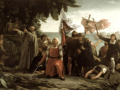 Primer desembarco de Cristóbal Colón en América (Dióscoro Puebla, 1862)