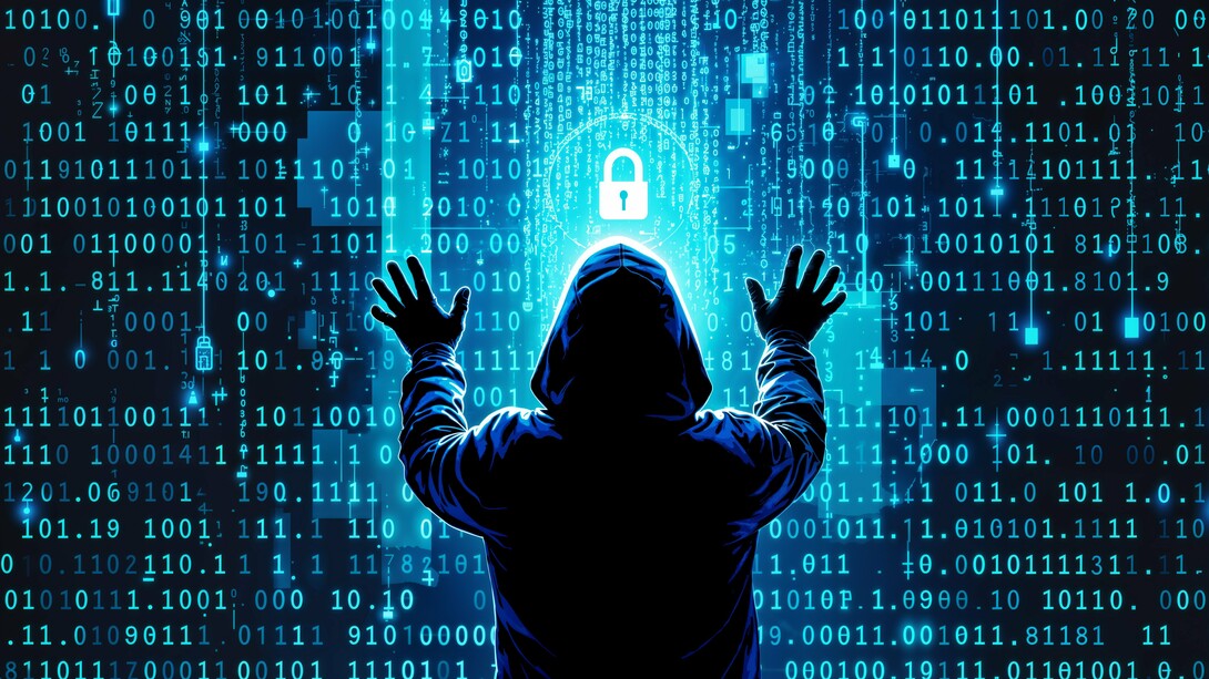 The ominous digital landscape with a central padlock emphasizes the critical vulnerability of systems to email-based attacks, which are the leading contributors to cyber insurance claims