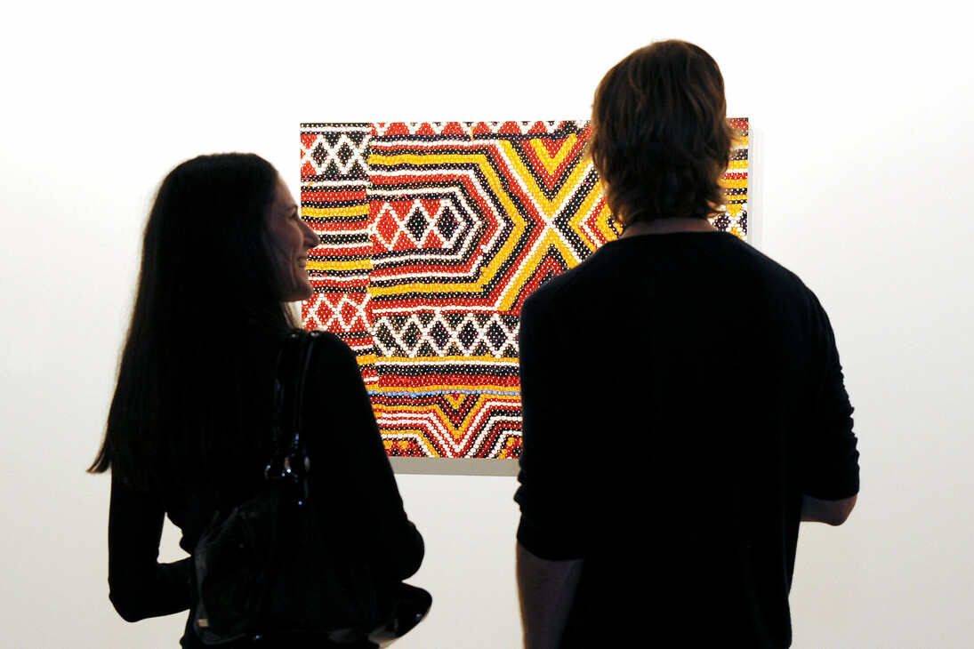 Frank Selby, MAT, 2014 at American Contemporary booth, Art Los Angeles Contemporary, January 29–February 1, 2015, The Barker Hangar, Santa Monica, on opening night. Photo by Angela Weiss/Getty Images. Courtesy of Getty Images/Art Los Angeles Contemporary. 