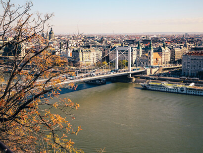 A scenic view of the Liberty Bridge spanning the Danube River, Budapest, Hungary