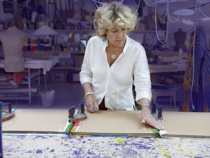 Artist Isabelle de Borchgrave working in her studio