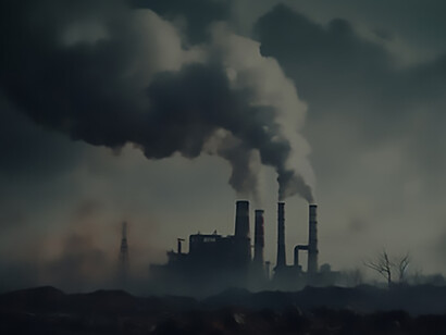 A factory generating carbon dioxide emissions, contributing to environmental pollution