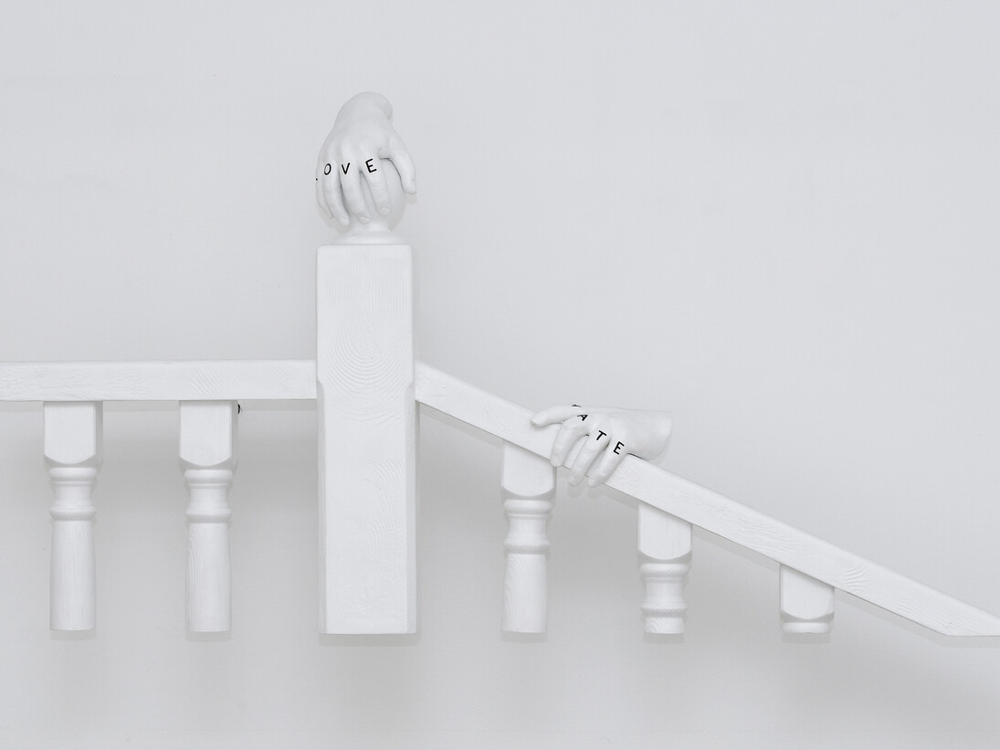 WINSHLUSS, Ciné Club, 2015, Wood, resin, coat, black paint, 27 1/2 x 55 1/8 x 5 1/8 in. Unique piece, Courtesy Galerie GP & N Vallois, Paris, Photo : Aurélien Mole