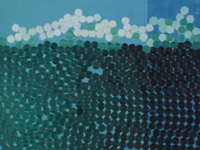 Wilhelmina Barns-Graham, Green and White Disks on Turquoise – Wind on Waves Series No.1, 1970. Courtesy of Waterhouse & Dodd