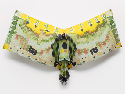Bird Pretending to be a Forest, 2023. Dyed Habotai silk, 39 × 72 in. / 99.1 × 182.9 cm. Courtesy of Marlborough Gallery, New York