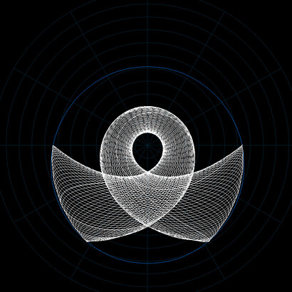 Traiettoria della macchina di Atwood oscillante, per un rapporto di massa di 5, a partire da un punto a sinistra del perno a riposo. L'ellisse blu scuro è la curva di velocità zero: si può dimostrare che la traiettoria non attraverserà mai questa curva