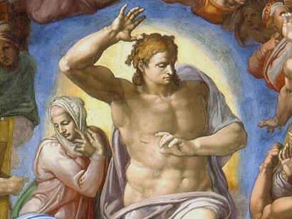 Cristo, el juez del Juicio Final. Michelangelo de Lodovico Buonarroti Simoni (1475-1564) Detalle de "El Juicio Final",(1536 -  1541), fresco, Capilla Sixtina, Roma, Italia
