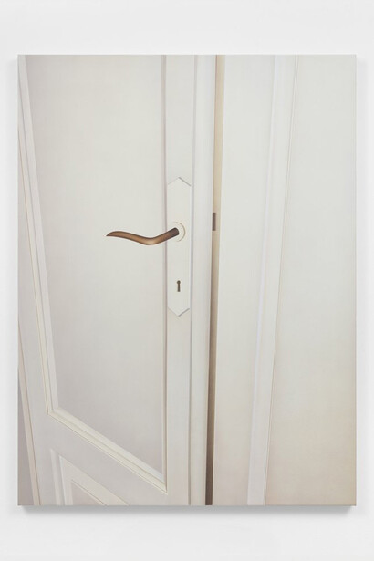 Alexandra Barth, Door with a copper handle, 2023. Acrylic on canvas, 47 1/4 x 35 3/8 inches, 120 x 90 cm. Courtesy of Mrs. Gallery. Photograph by Olympia Shannon