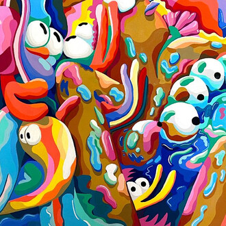 Mike Perry, Swimming In It (detail),
2023.
Gouache on Canvas,
24 x 36 x 1.5 in. (60.96 x 91.44 x 3.81 cm.) Courtesy of the artist and Richard Taittinger Gallery