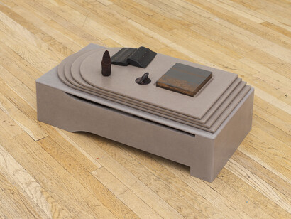 Myeongsoo Kim, In my private composition, 2020. Graphite, wood, brass, copper, stainless steel, painted plaster, Valchromat, 16 x 30 x 14 inches