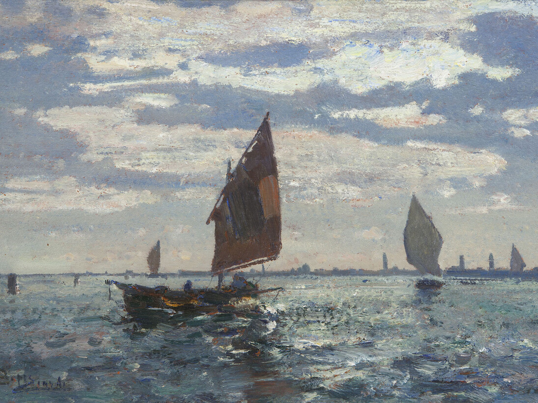 Beppe Ciardi, Murano vista da Venezia, olio su tavola, 45 x 65 cm. Courtesy of Galleria Bottegantica