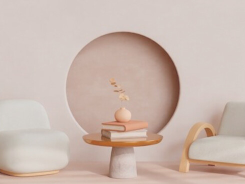 3D room decor featuring minimalist beige tones, showcasing sculptural furniture, contemporary designs, artistic pieces, and functional art