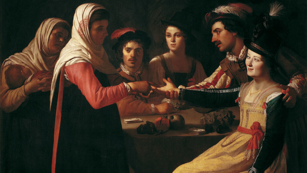 Gerrit van Honthorst, Buona ventura, 1616-1617, Olio su tela, Firenze, Galleria degli Uffizi