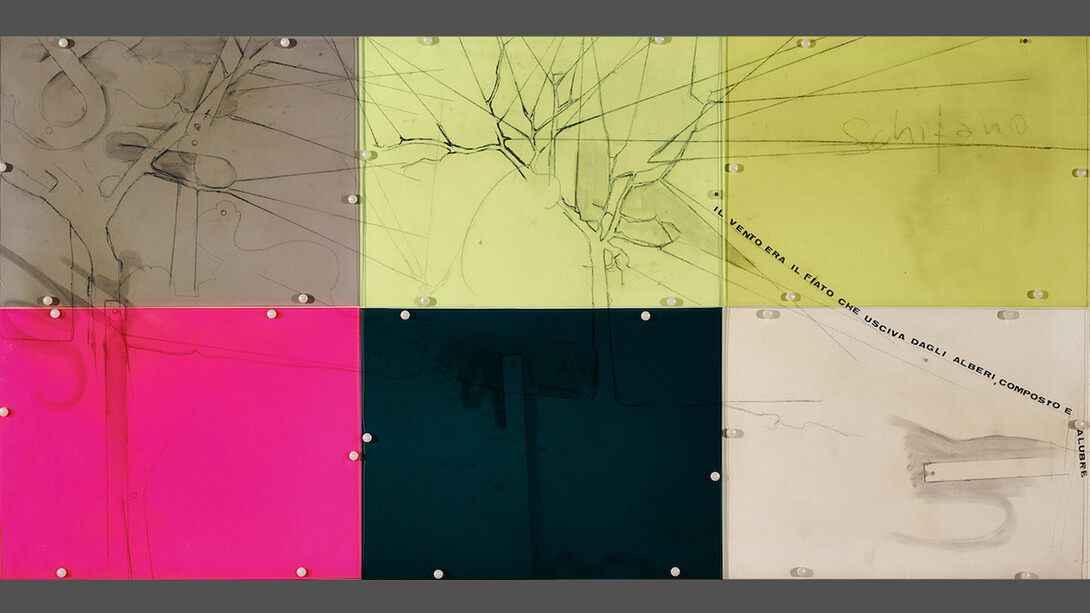 Mario Schifano, Il vento era il fiato che usciva dagli alberi, composto e salubre, 1965, grafite su tela e perspex policromo, 99 x 199 cm, Collezione Intesa Sanpaolo, © MARIO SCHIFANO, by SIAE 2019 
