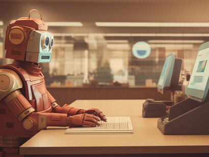 An anthropomorphic robot performing a typical human job, shown typing at a desk in a future work environment