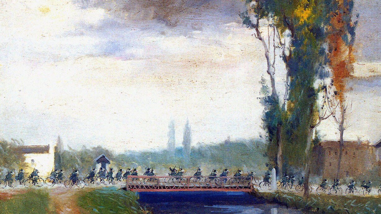 Italico Brass, Sconfinamento dei bersaglieri a Treponti, presso Cervignano, 1915, olio su tela, 100 x 113 cm