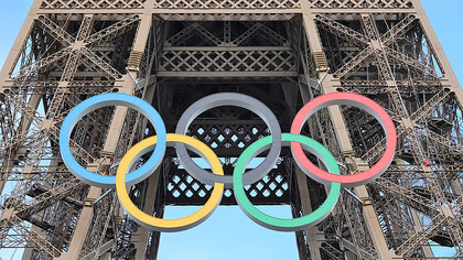 Olympic rings on the Eiffel Tower, Paris 2024, France