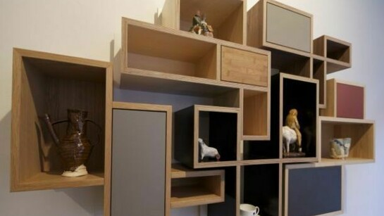 Sam Scott, Shelved 1, 2014, with selection of work from various artists, installation view of Mixed Display 2014 at Marsden Woo Gallery, photo © Philip Sayer, courtesy of Marsden Woo Gallery, London