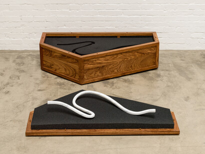 Rebar Box and Marble Rebar 3, 2014, Huali wood, marble, and foam, Rebar box 9 3/4 x 44 1/8 x 28 1/4 in (25 x 112 x 72 cm), Marble Rebar 3 1/2 x 25 1/2 x 21 3/4 in (9 x 65 x 55 cm)