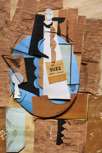 Vik Muniz, Surfaces: Glass and Bottle of Suze, after Pablo Picasso, 2023, mixed media, one of a kind, 44x35x2 1/4 inches. Courtesy of the artist and Rena Bransten Gallery, San Francisco
