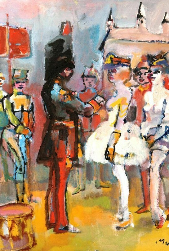 Mino Maccari, Militare con sei figure, 1962, olio su cartone telato