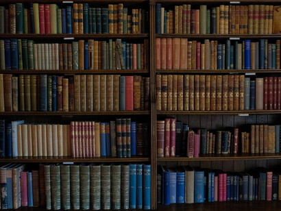 Vecchi libri ordinati sui ripiani di uno scaffale