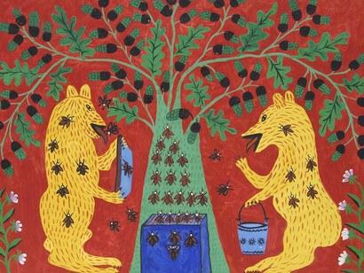 Maria Prymachenko: Bears at Apiary, 1965, gouache on paper, 57 x 80,5 cm, National Museum of Ukrainian Folk Decorative Art