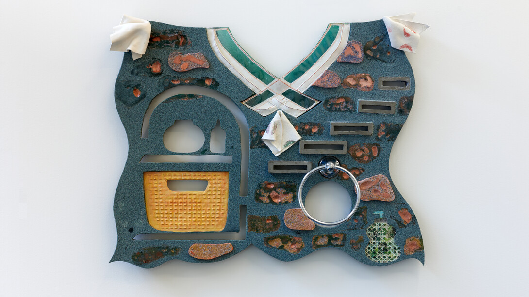 Sacha Ingber, Morning Routine, 2019. Glazed earthenware, vinyl, hydrocal, pigment, urethane, towel ring. 66 x 86.5 x 2.5 cm. Unique. Photographer: Jonathan Bassett. Courtesy the artist and Vitrine 
