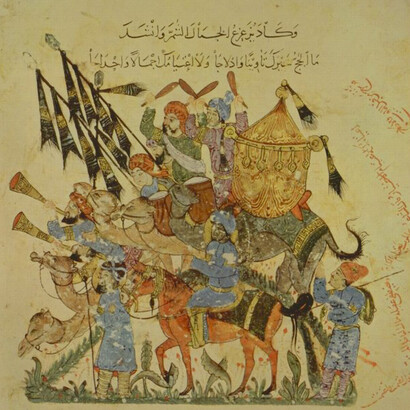 Un'illustrazione della "Rihla" di Ibn Battuta. La narrativa araba medioevale ha un gusto tutto particolare per le “storie nelle storie” per cui uno stesso racconto ne contiene altri, come in una serie di scatole cinesi