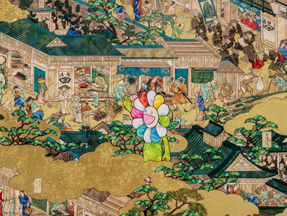 Takashi Murakami, Rakuchū-Rakugai-zu Byōbu: Iwasa Matabei RIP, 2023–24 (detail). Courtesy of Gagosian