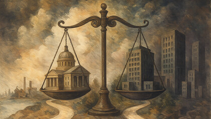 An artistic depiction of the balance between state power and market forces, symbolizing the tension within modern society’s political and economic systems