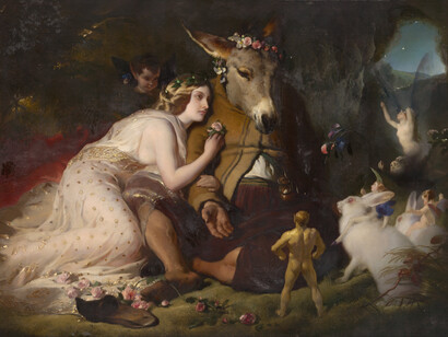 Platero y yo: 29 – Idilio de abril: los ojos brillantes y vivos de Platero copian toda la hora de sol y lluvia, en cuyo ocaso, sobre el campo de San Juan, se ve llover, deshilachada, otra nube rosa. Edwin Henry Landseer (1802–1873) "El sueño de una noche de verano", 1848 y 1851, oleo sobre lienzo