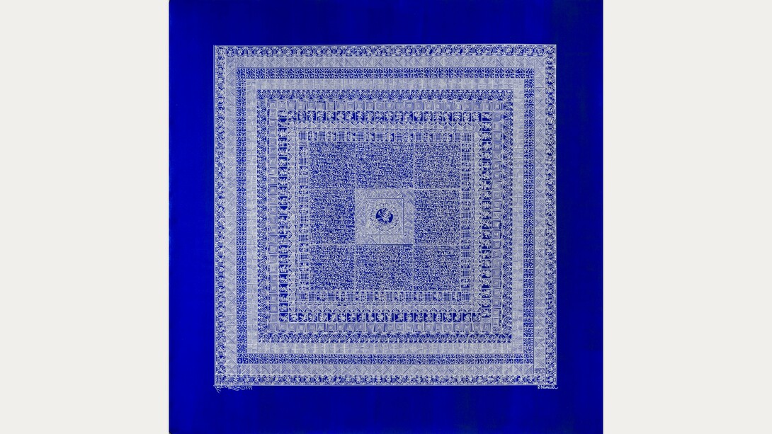 Rachid Koraïchi,
Les ailes bleues des Anges, 2022.
Acrylic on canvas,
150 x 150 cm.
© Rachid Koraïchi and Factum Arte.
Courtesy the Artist, October Gallery and Factum Arte.
Photo © Oak Taylor Smith