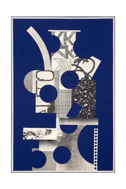 David Korty, Blue Shelf #29, 2015, Ink, paper, pencil, silkscreen and paint on canvas, 68 x 45 inches
