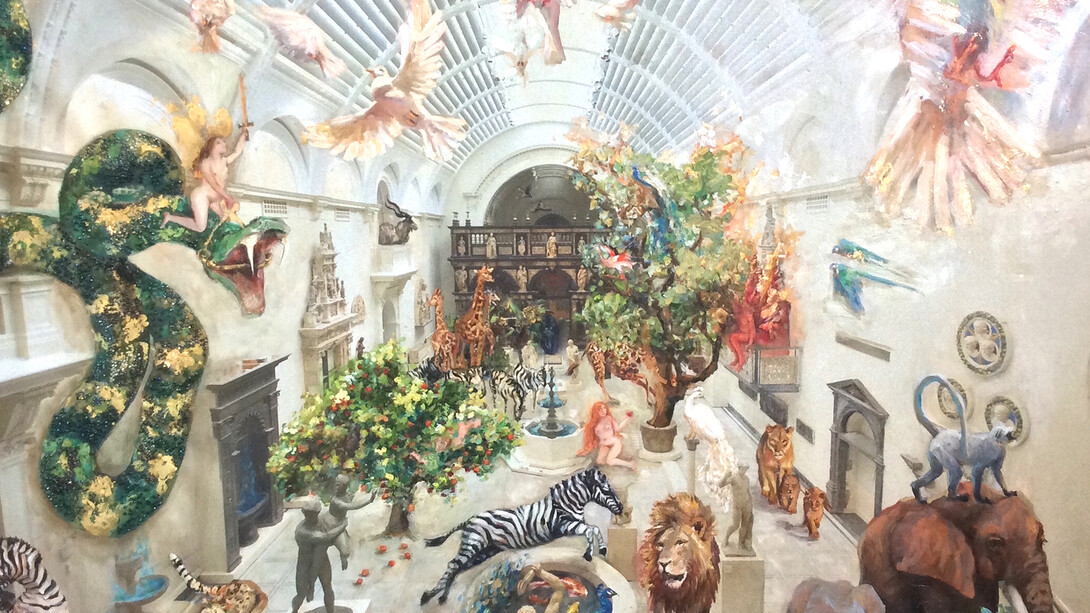 Nicole Etienne, Delights at the Victora Albert Museum, 2015, oil paint, swarovsky crystal, 23 carat gold leaf on glitter canvas