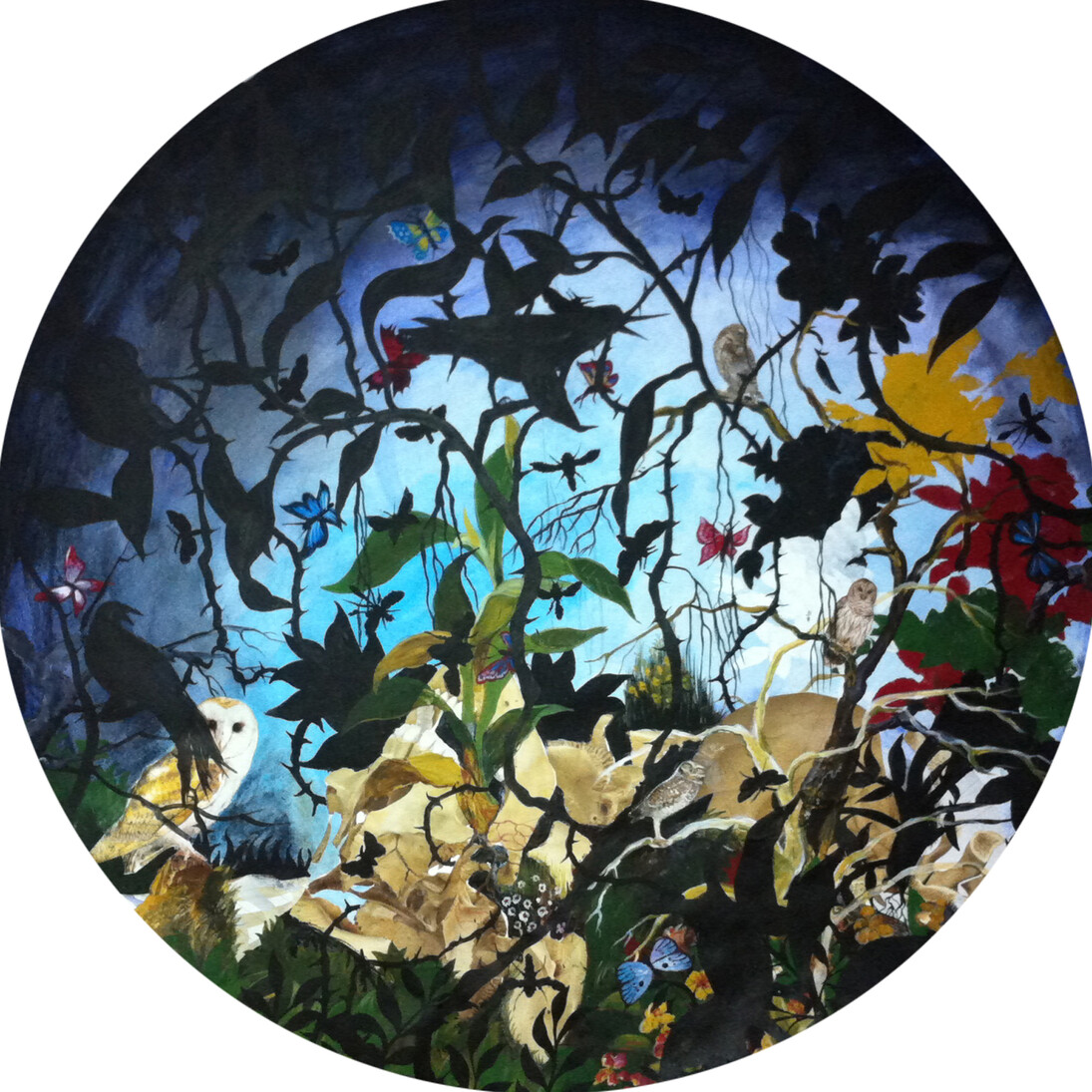 Priyantha Udagedara, Skeleton Mountain (2013) Acrylic and Collage on Canvas Board. 75 cm (Diameter)