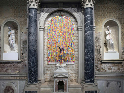 Do Ut Des, 2017, Nitro enamel on canvas and plaster sculpture, 228 x 128 cm (Painting), 89.7 x 50.3 in (Painting), 98 x 80 x 80 cm (Sculpture), 38.5 x 31.4 x 31.4 in (Sculpture)
and (left and right)Irripetibile, 2017, Mixed Media on plaster sculpture, Tecnica mista su scultura in gesso, 213 x 75 x 70 cm, 83.8 x 29.5 x 27.5 in