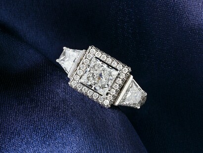 A display of polished diamond ring, symbolising how raw resources are turned into high-value consumer goods