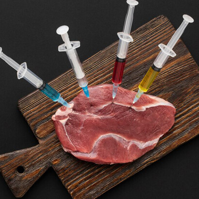 Lab-grown meat displayed next to traditional cuts on a black surface