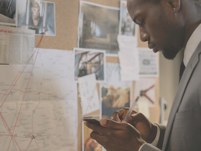 A diligent police officer, fully immersed in the task of cracking a cybercrime case, studies the investigative board with a contemplative demeanor