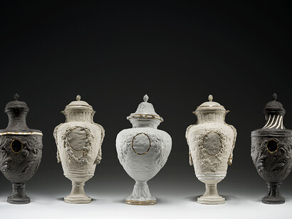 Amy Hughes, Tresor Decouvert Series, 2010, grogged stoneware bodies, transparent glaze and gold lustre detailing, 45 x 25 cm