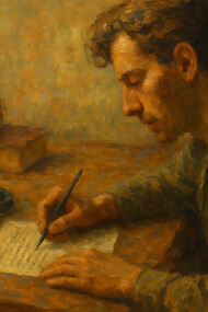 An impressionistic painting capturing the quiet intensity of thought, as a writer balances memory, rhythm, and silence at the edge of expression