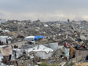 Ruins of Beit Lahia, in the Gaza Strip, destroyed by Israeli bombardments, February 23, 2025. Photo by Jaber Jehad Badwan