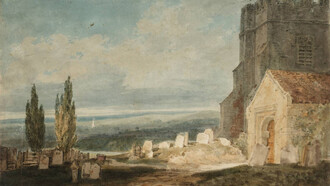 Joseph Mallord William Turner- A Church and Churchyard near a River or Lake, with an Extensive Landscape Beyond