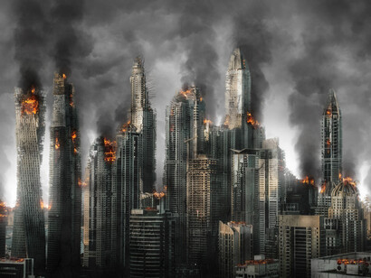An artist's rendition of a war-torn city center, burning down